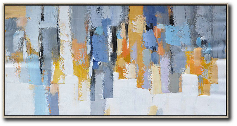 Abstract Painting Extra Large Canvas Art,Horizontal Palette Knife Contemporary Art,Large Wall Art Home Decor,White,Grey,Orange,Yellow,Blue.Etc